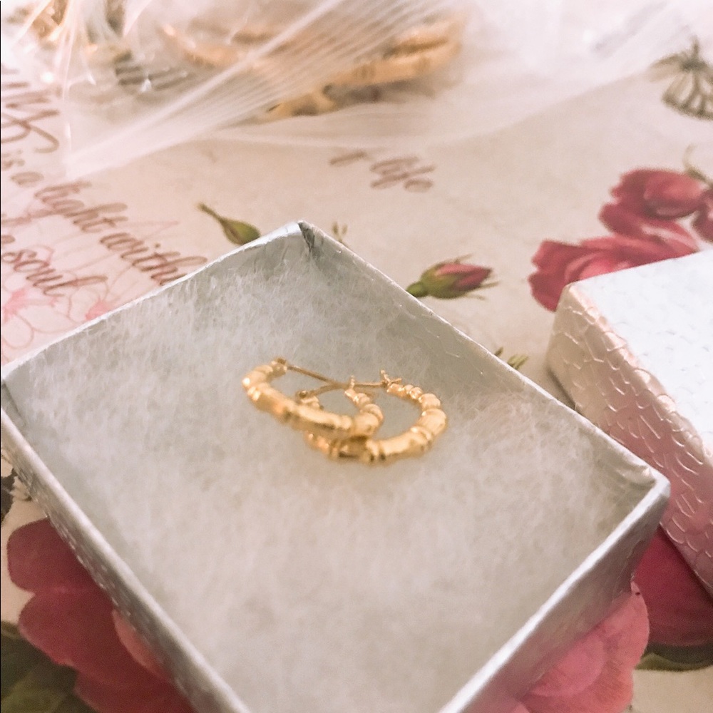 Solid Yellow Gold 10k Bamboo Hoops - Picture 6 of 7